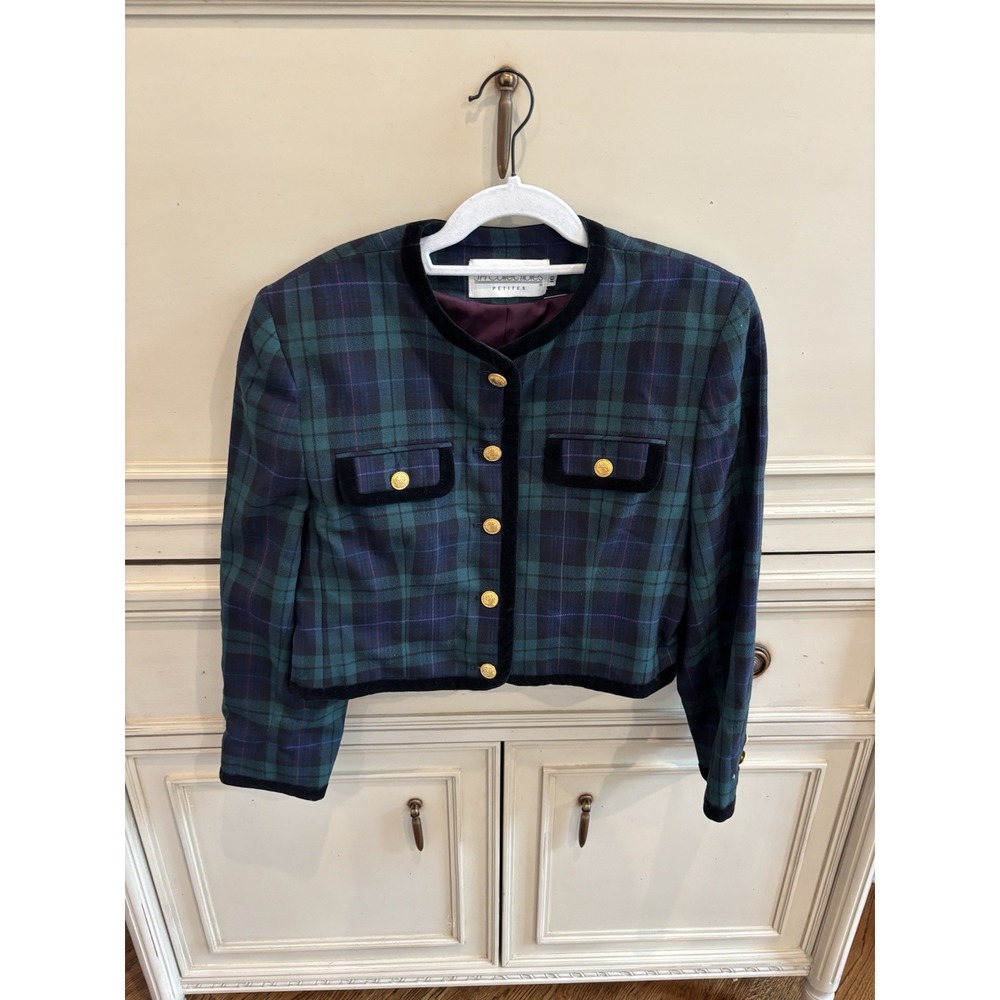 Vintage JH Collectibles Petites Plans Blazer‎ Jacket Green Blue Gold Buttons 10